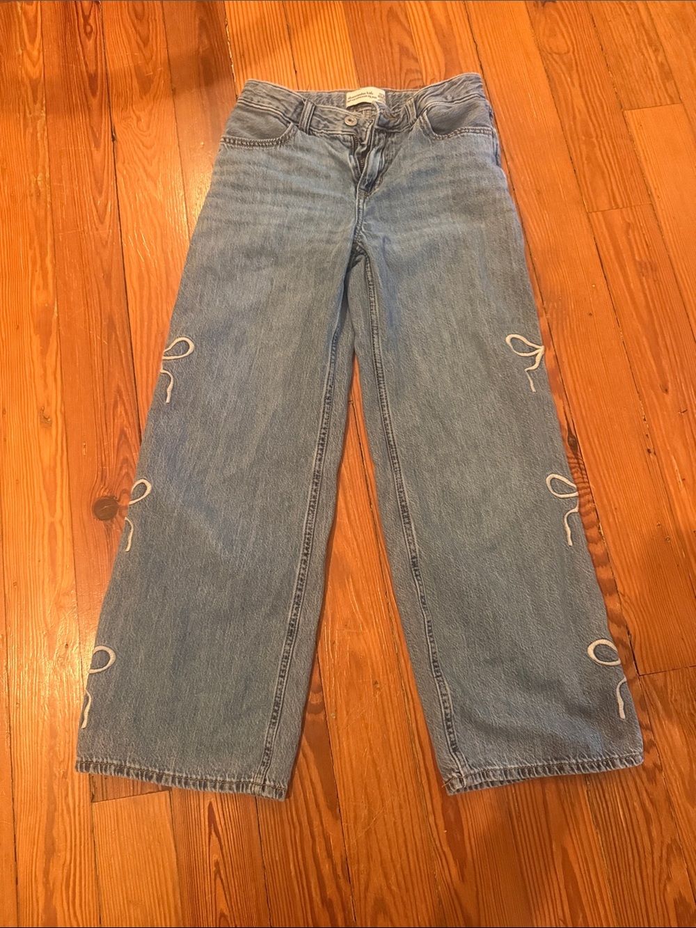 abercrombie kids Light Blue Wide-Leg Jeans with White Embroidered Bows